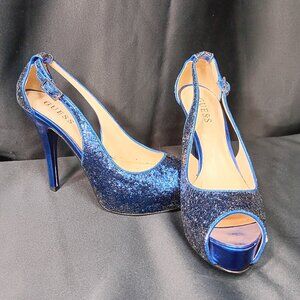 Guess Pumps Glitter Royal Blue Heels Size 8 {CH}